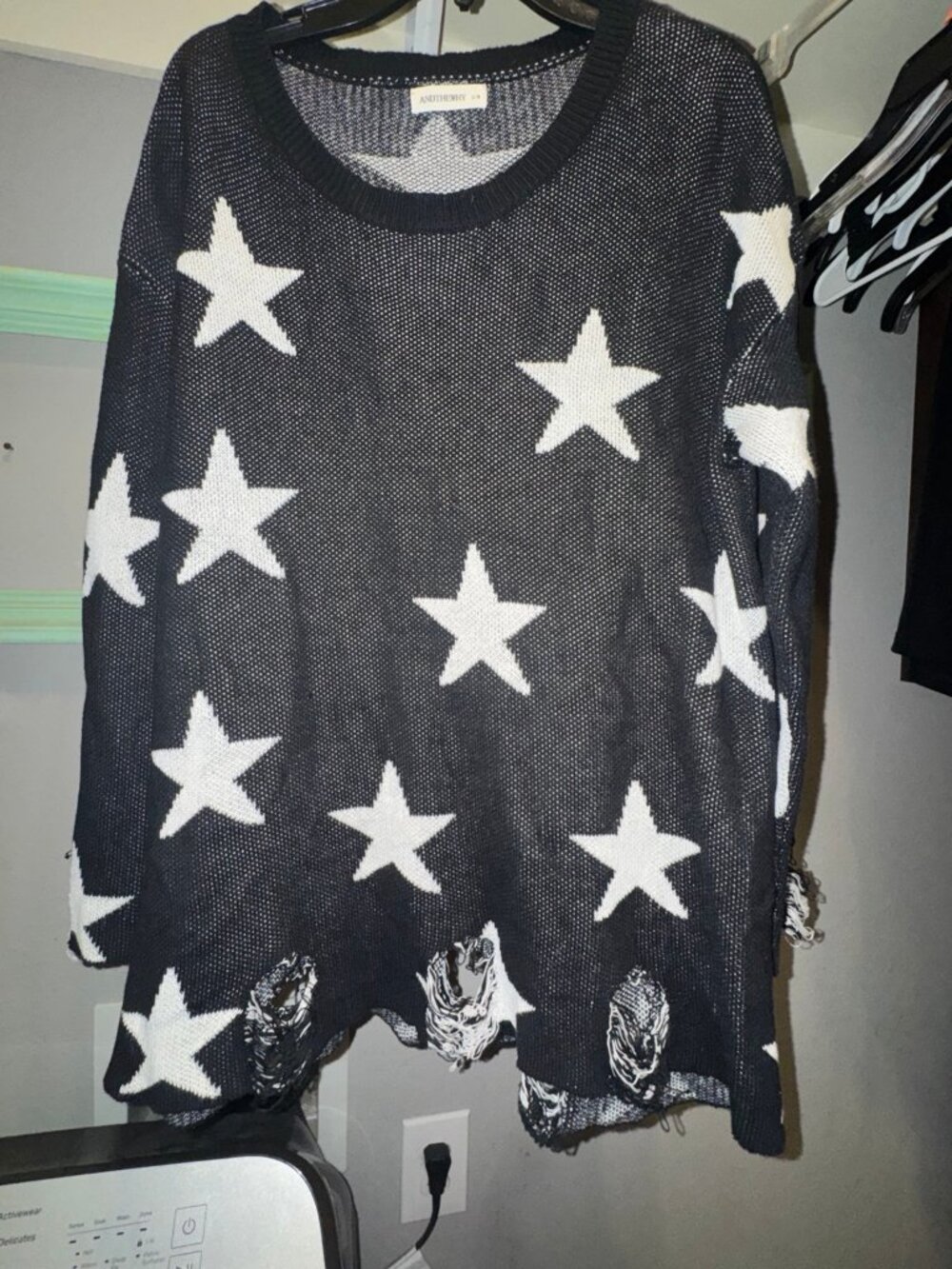 Andthewhy Black White Star Distressed Open Knit Sweater